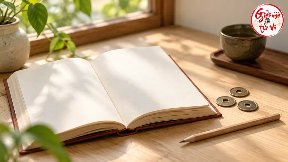 Sách mở và đồng tiền cổ dùng trong một buổi tìm hiểu Kinh Dịch
