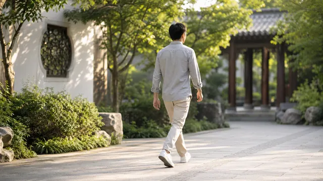 Người mặc áo xám và quần sáng đi trong sân vườn, nhìn từ phía sau