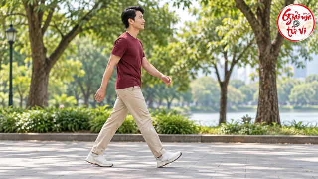 Người mặc áo đỏ sẫm và quần be bước trên lối đi công viên, logo Giải Mã Tử Vi ở góc trên phải