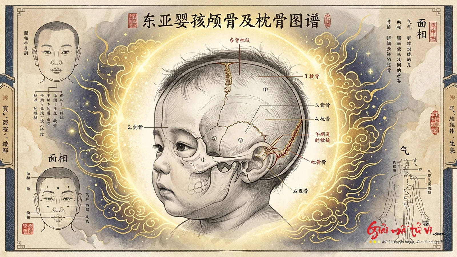 Đồ hình Cốt Cách & Tướng Đầu Nhi Đồng – Cung Thiên Đình, Hậu Chẩm Cốt sau gáy và Thóp Thần Môn dự báo trí tuệ thần đồng