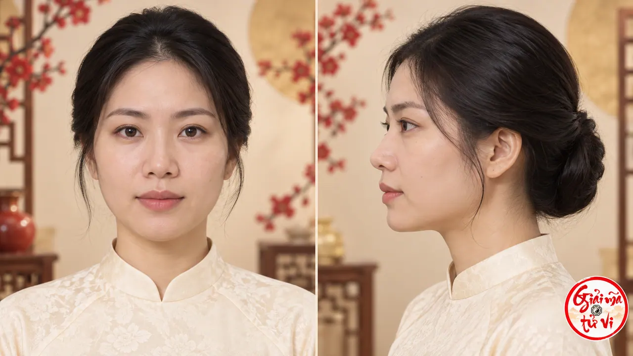 Người phụ nữ áo dài kem ở góc chính diện và nghiêng, logo Giải Mã Tử Vi ở góc phải dưới