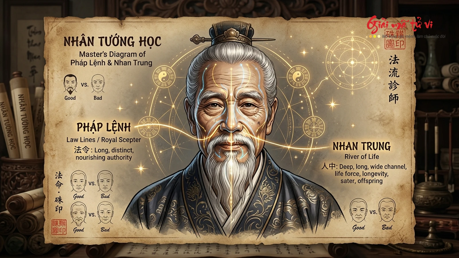 Đồ hình Pháp Lệnh & Nhân Trung Tướng Pháp Toàn Thư – Bậc hiền triết Á Đông giải mã bí pháp thọ khang, quyền uy lãnh đạo và dòng chảy sinh mệnh trong Nhân tướng học