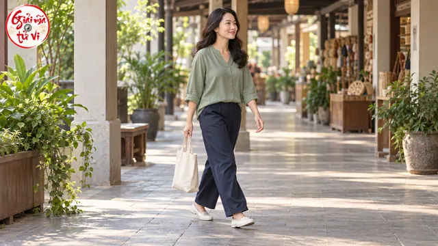 Người phụ nữ mặc áo xanh và quần sẫm đi trên lối có mái che, tay cầm túi vải, logo Giải Mã Tử Vi ở góc trên trái