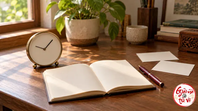 Đồng hồ mặt trơn, sổ mở trắng và bút trên bàn gỗ, logo Giải Mã Tử Vi ở góc dưới phải