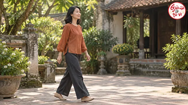 Người nữ áo cam nâu, quần sẫm và giày be đi trong sân, hai tay hai chân nhìn rõ và logo ở góc trên phải