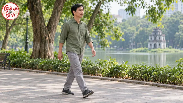 Người nam áo xanh và quần xám đi trên lối công viên bên hồ, hai tay riêng và logo Giải Mã Tử Vi ở góc trên trái