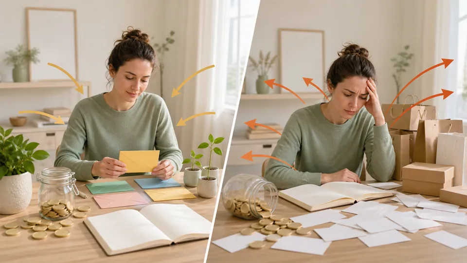 So sánh thói quen sắp xếp tiết kiệm với chi tiêu phân tán qua hai bàn làm việc sáng