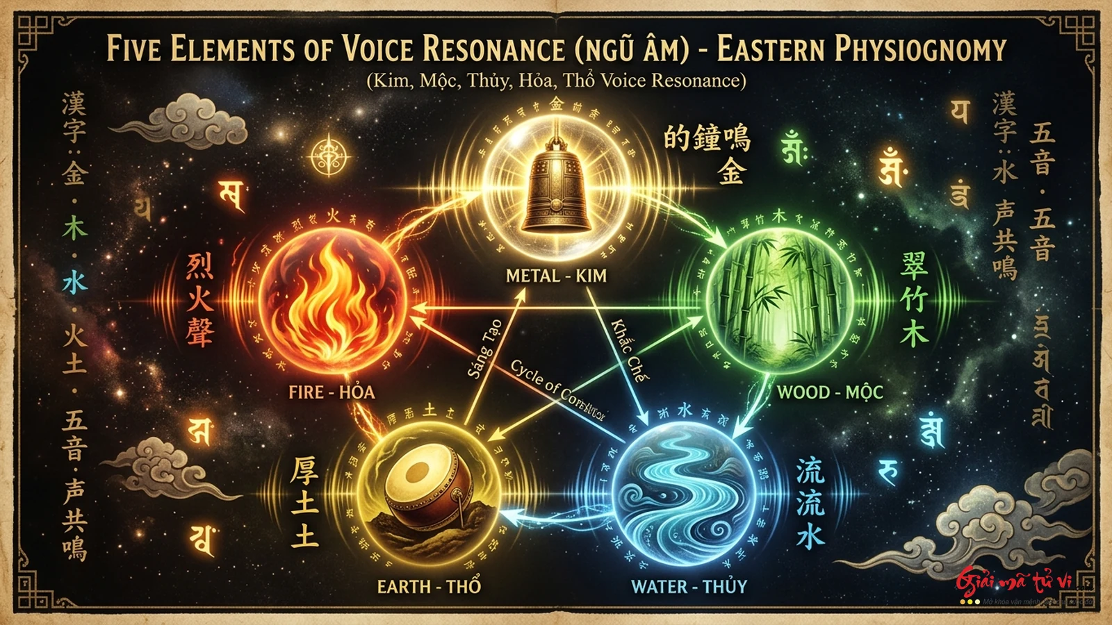 Ngũ Hành Thanh Âm Toàn Thư - 5 dạng giọng nói Kim (Chuông đồng), Mộc (Tre trúc), Thủy (Nước chảy), Hỏa (Ngọn lửa), Thổ (Trống sấm)