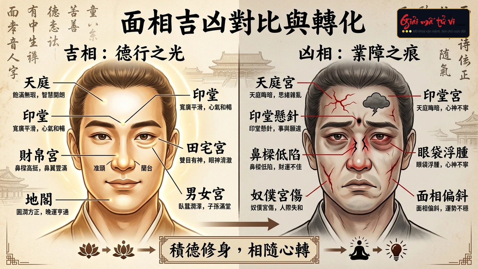 Bảng ma trận đối chiếu Cát Tướng vs Hung Sát trên 12 Cung Vị khuôn mặt và con đường tu tâm chuyển hóa số mệnh