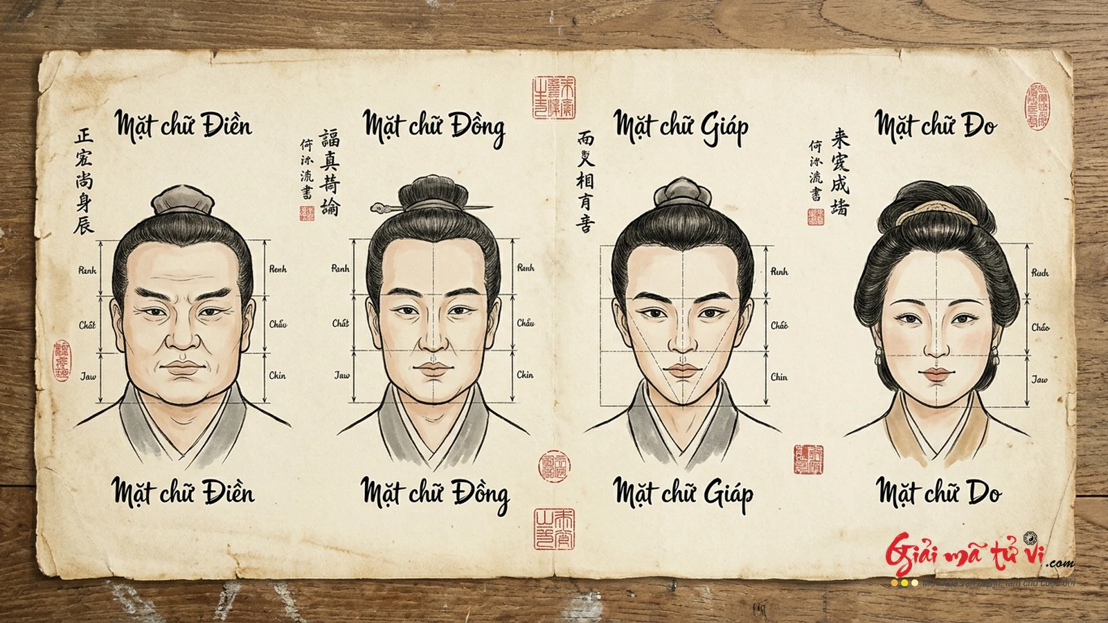 Đồ hình 4 dáng mặt cơ bản: Mặt chữ Điền, Mặt chữ Đồng, Mặt chữ Giáp và Mặt chữ Do trong Nhân tướng học