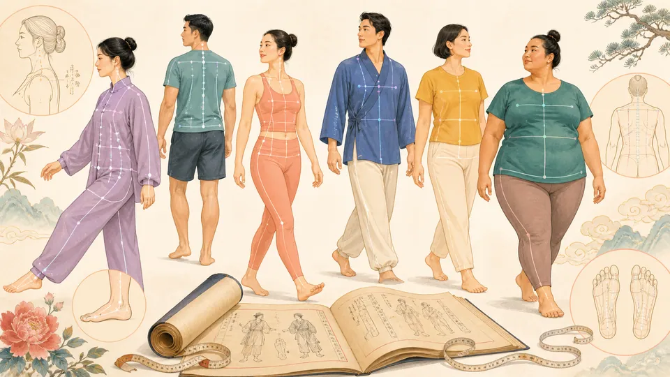 Minh họa nghiên cứu hình thái cơ thể với nhiều dáng người và đường hướng dẫn trung tính
