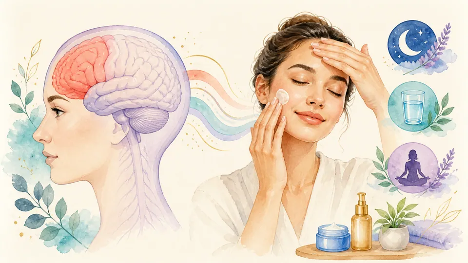 Minh họa vùng thùy trán cùng thói quen chăm sóc da thư giãn ngủ và bổ sung nước