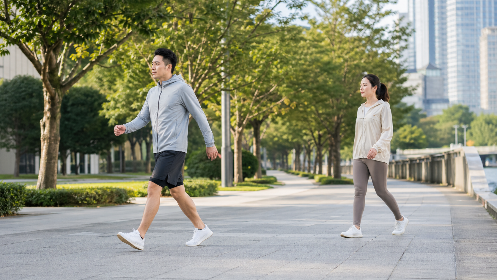 Một người nam và một người nữ đi trên lối lát cạnh hàng cây và các tòa nhà