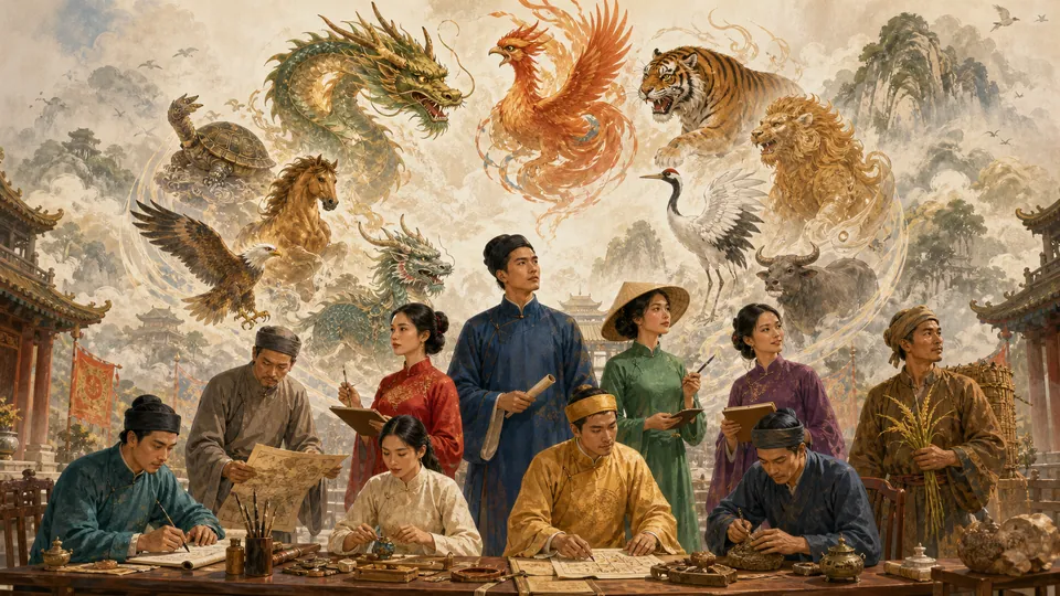 Minh họa mười linh thú như biểu tượng của các phẩm chất lãnh đạo được rèn luyện