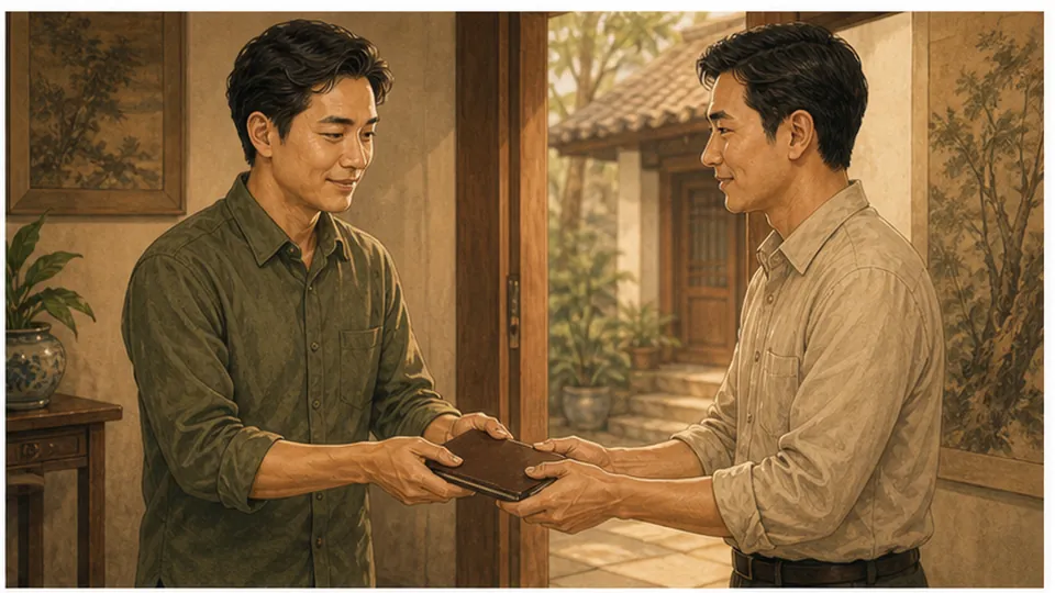 Hai người nam đứng trao một cuốn sổ bìa sẫm bằng hai tay trong căn phòng nhìn ra sân