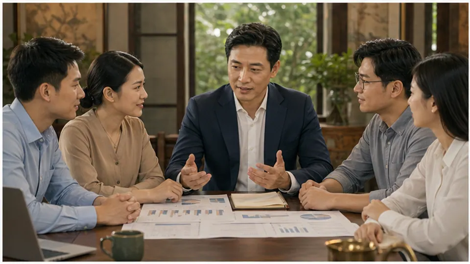 Năm người ngồi trao đổi quanh bàn có tài liệu và sổ, người nam mặc vest mở hai bàn tay