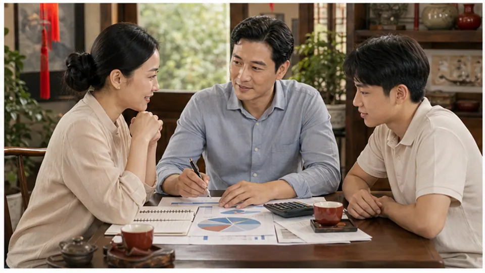Ba người ngồi trao đổi quanh bàn có biểu đồ, sổ và máy tính; người nam áo xanh cầm bút