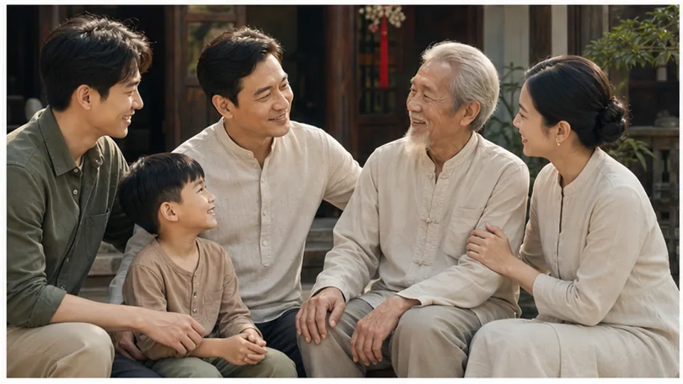 Năm người gồm một người cao tuổi và một trẻ nhỏ ngồi cùng nhau trước hiên, quay về phía người cao tuổi
