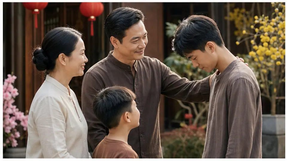 Bốn người đứng ngoài hiên, người nam áo nâu đặt tay lên vai một người trẻ đang cúi đầu
