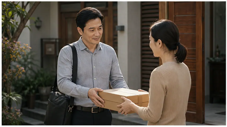Người nam áo xám có túi đeo vai trao một hộp giấy cho người nữ trước cửa nhà