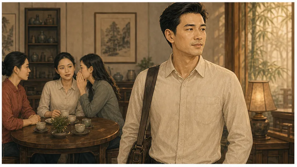 Người nam áo sáng đeo túi đứng phía trước, phía sau là ba người nữ ngồi trò chuyện bên bàn trà