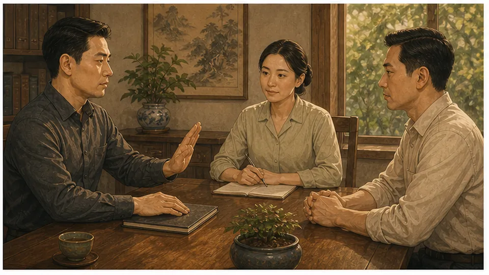Ba người ngồi quanh bàn, người áo xanh sẫm giơ một bàn tay, người nữ cầm bút trước sổ
