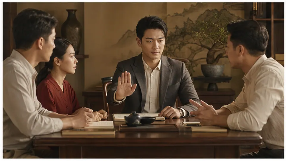 Bốn người ngồi quanh bàn có sổ mở, người nam mặc vest giơ bàn tay hướng về người đối diện