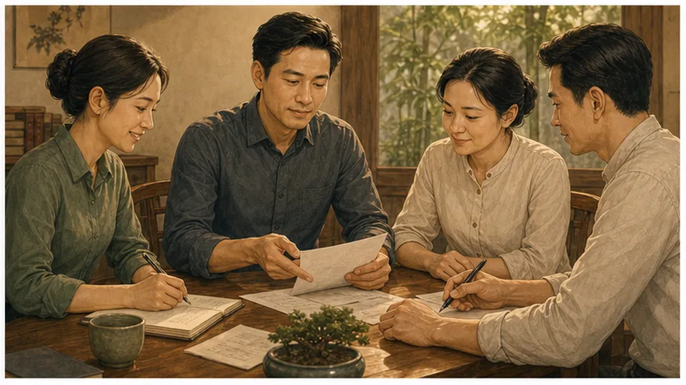 Bốn người cùng xem giấy và ghi vào sổ quanh bàn, người nam áo tối chỉ vào một tờ giấy