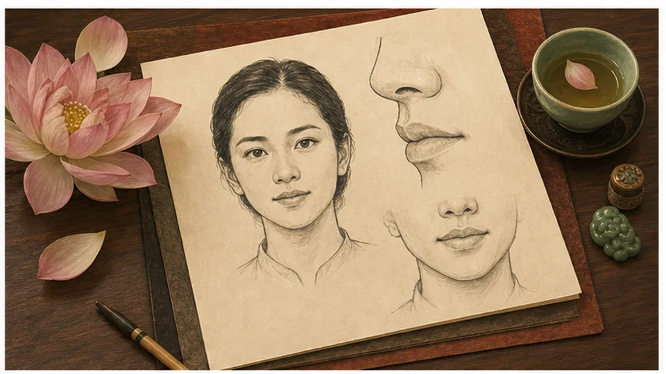 Trang sổ có chân dung người nữ, hình mũi và nửa dưới gương mặt, cạnh hoa sen và chén trà