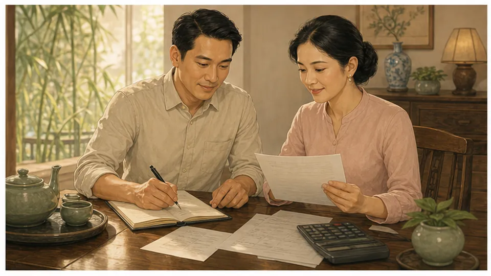 Người nam ghi vào sổ, người nữ cầm một tờ giấy ngồi cùng bàn có tài liệu và máy tính cầm tay