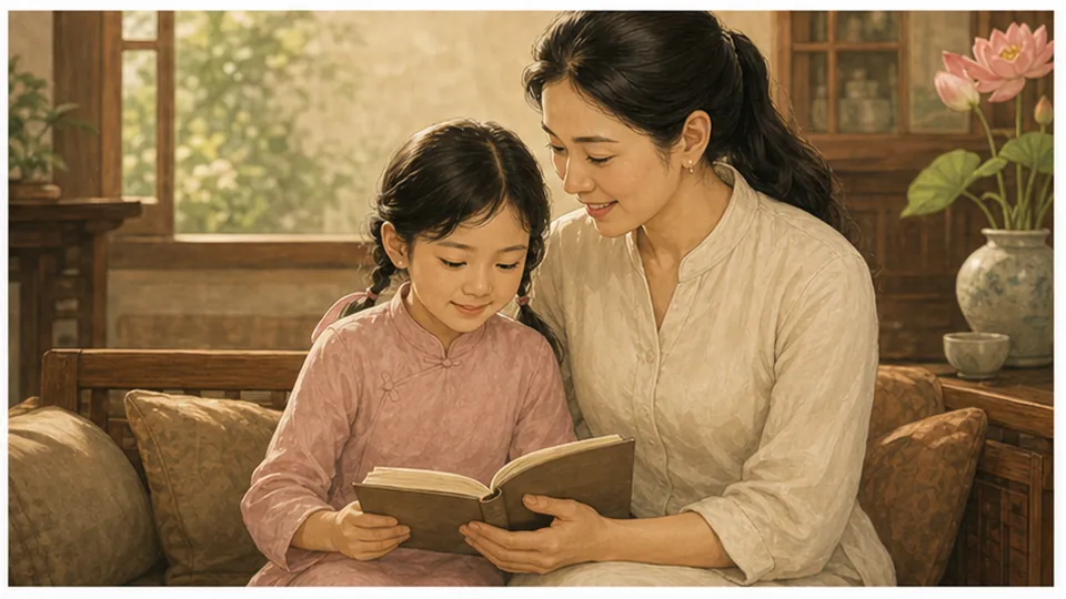 Người nữ áo sáng và một trẻ nhỏ áo hồng cùng cầm quyển sách mở trên ghế dài