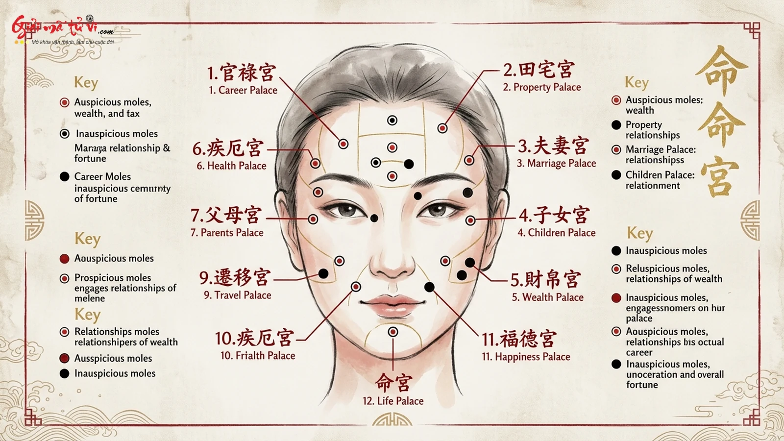 Bản đồ phân bố nốt ruồi cát hung trên 12 Cung tướng diện: Mệnh Cung, Quan Lộc, Tài Bạch, Phu Thê, Tử Tức