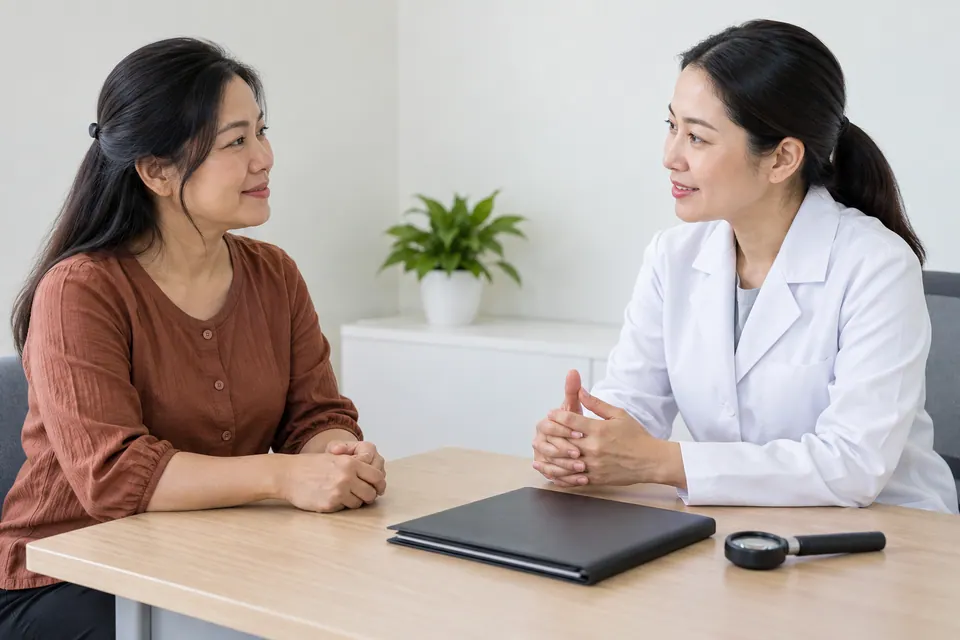 Người phụ nữ trao đổi với nhân viên y tế mặc áo trắng tại bàn khám