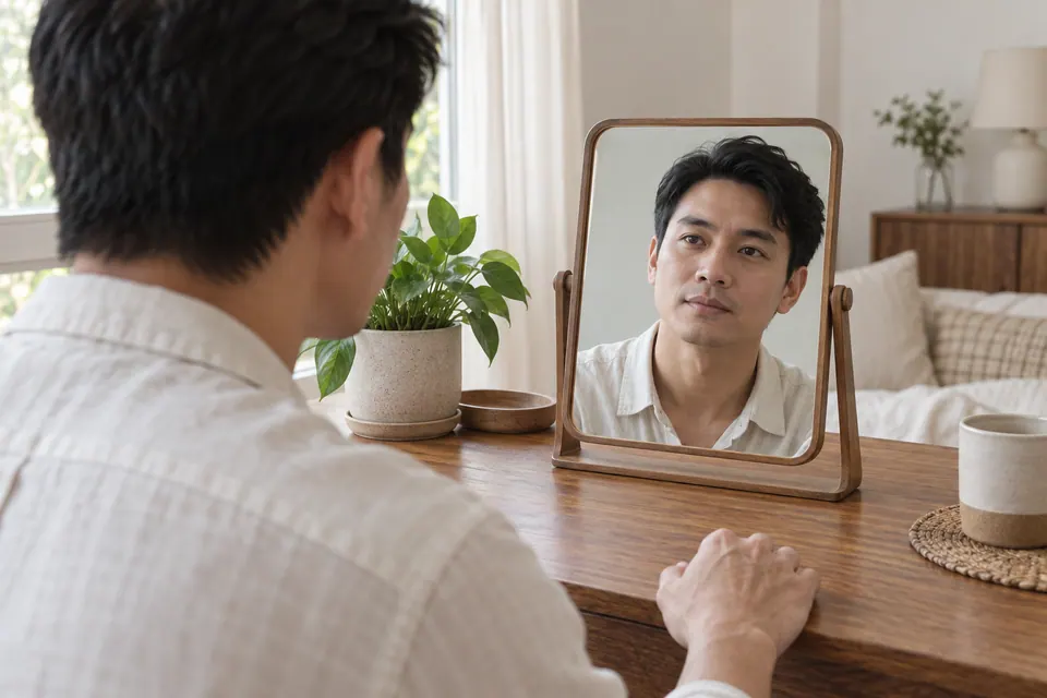 Người đàn ông nhìn khuôn mặt phản chiếu trong gương để bàn