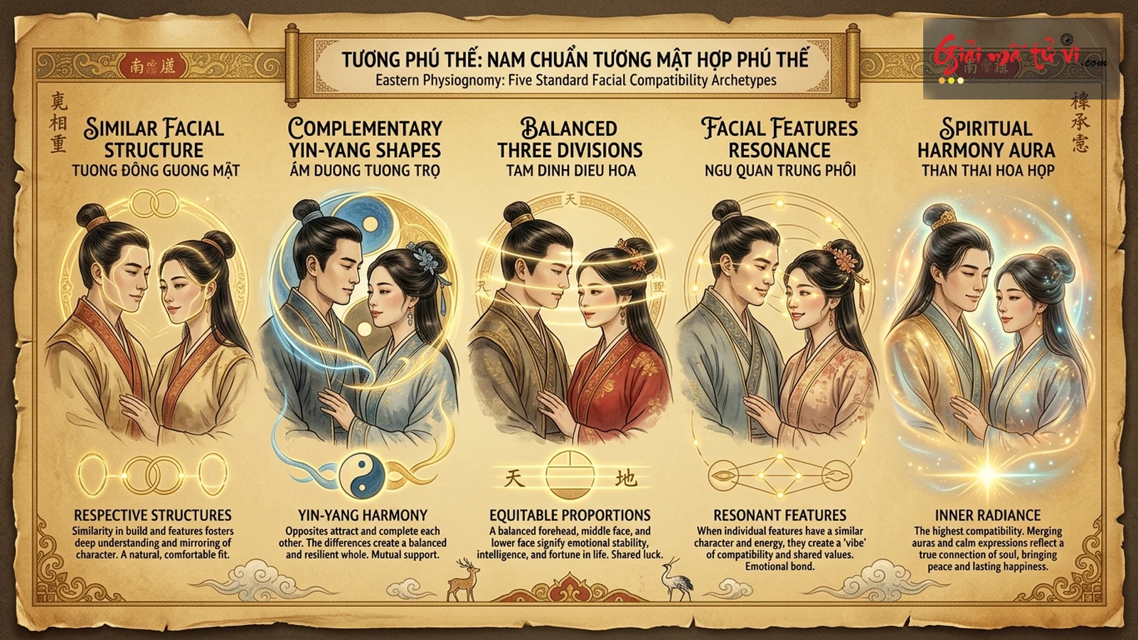 Sơ đồ 5 dạng cách cục tướng phu thê kinh điển trong nhân tướng học phương Đông