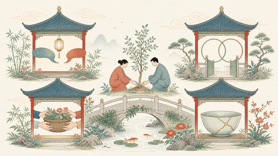 Minh họa bốn trụ cột quan hệ gồm lắng nghe ranh giới trách nhiệm và sửa chữa