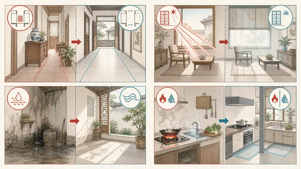 Minh họa bốn rủi ro không gian và cách cải thiện lối đi ánh sáng độ ẩm vùng nóng ướt