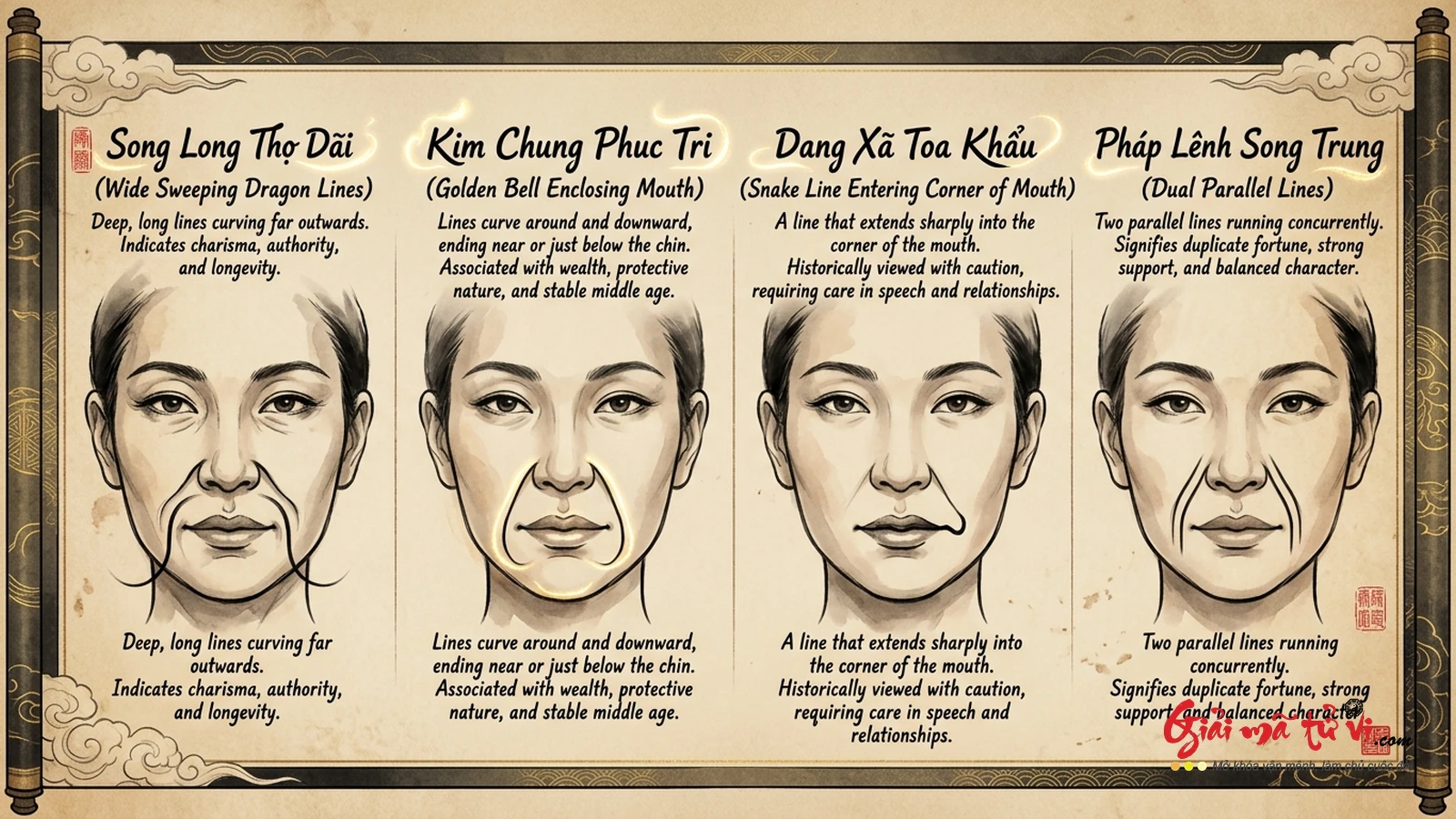 Đồ hình nếp nhăn Pháp Lệnh (Đằng Xà Tỏa Khẩu vs Kim Chung Khai Khoát) và cổ 3 ngấn Phượng Hoàng