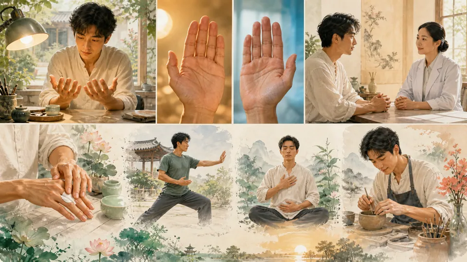 Minh họa quan sát sức khỏe bàn tay và bốn thói quen tu dưỡng tích cực