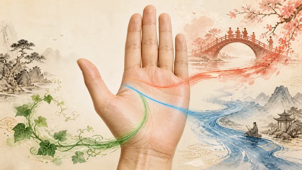 Minh họa ba đường chỉ tay chính bằng ba màu xanh lá xanh dương và đỏ