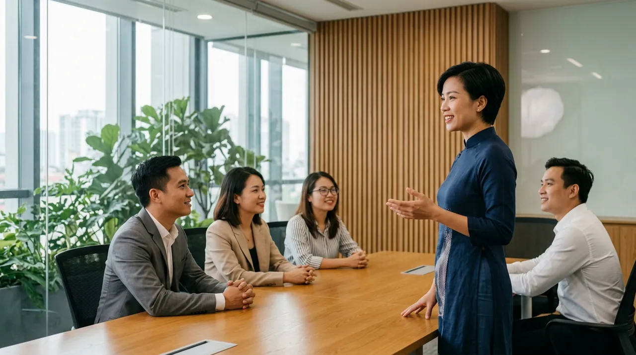 Người phụ nữ mặc áo dài cách tân màu xanh tím than đang đứng trình bày với nụ cười điềm đạm trước bốn đồng nghiệp ngồi quanh bàn họp gỗ trong phòng có vách nan gỗ và cửa kính sáng