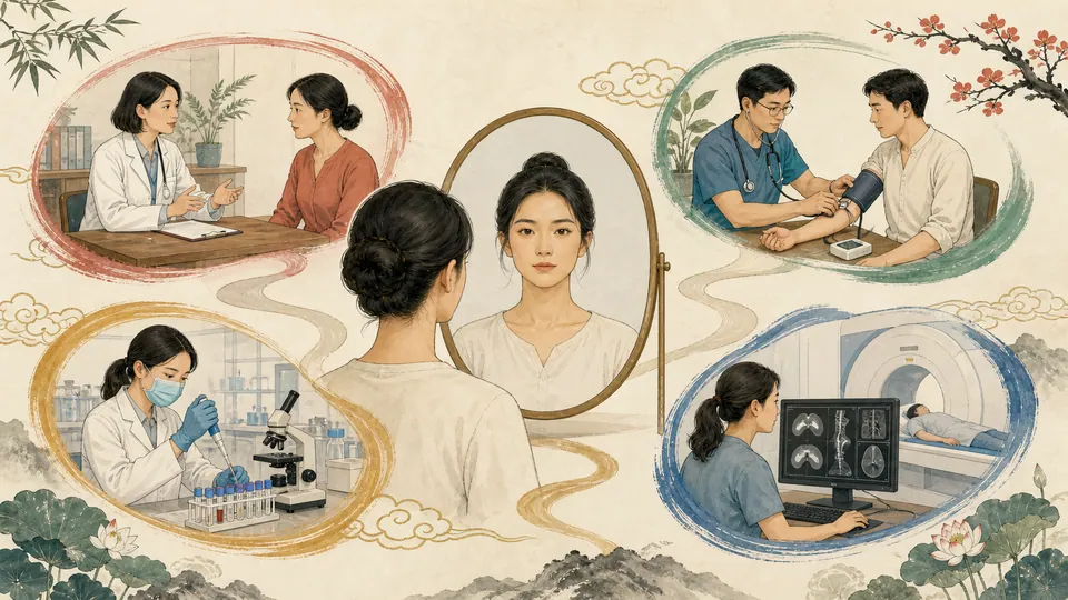 Minh họa quy trình đánh giá sức khỏe bằng hỏi bệnh đo lường xét nghiệm và chẩn đoán hình ảnh
