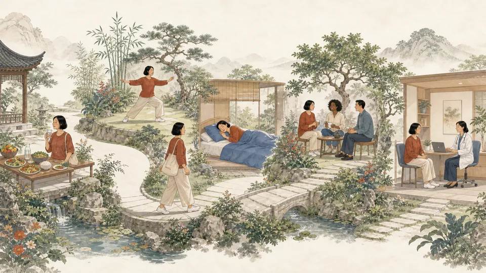 Minh họa năm lớp chăm sóc sức khỏe gồm dinh dưỡng vận động ngủ hỗ trợ tinh thần và khám dự phòng