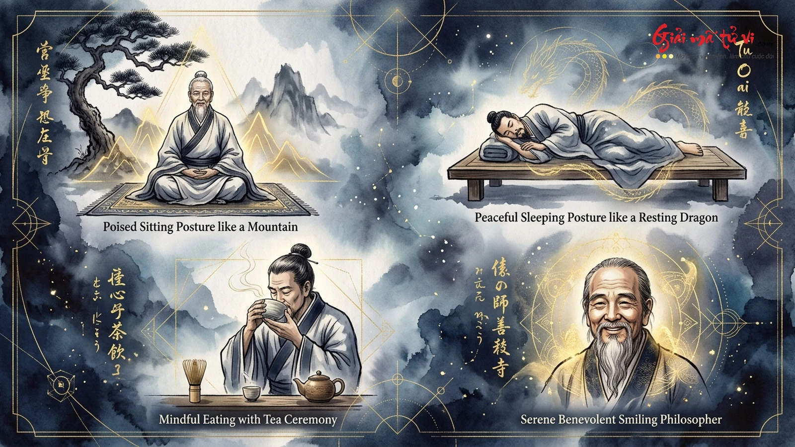 Đồ hình nghệ thuật tổng quan Tứ Đại Động Tướng trong Nhân Tướng Học Á Đông gồm Thực Tướng Ngọa Tướng Tọa Tướng và Tiếu Tướng