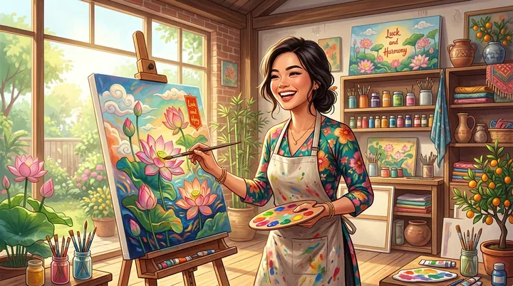 Tranh người phụ nữ cầm cọ và bảng màu bên giá vẽ hoa sen trong căn phòng có cây và đồ gốm