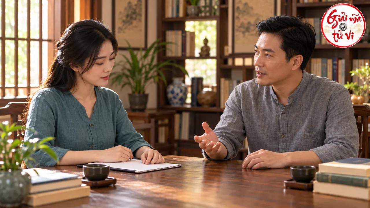 Người phụ nữ áo xanh nhìn xuống sổ, người nam áo xám ngồi đối diện và đưa một bàn tay lên khi trò chuyện