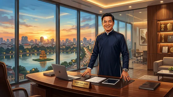 Người đàn ông áo sẫm đứng sau bàn làm việc có máy tính trong phòng nhìn ra thành phố