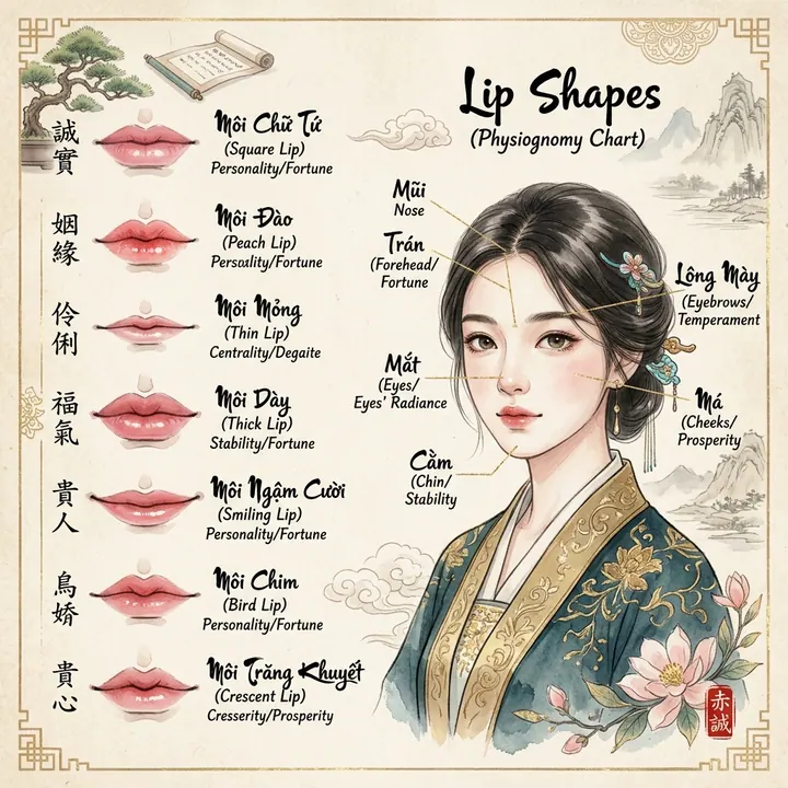 Bảng tranh vẽ có tiêu đề Lip Shapes (Physiognomy Chart) gồm 7 hình vẽ đôi môi ở cột trái (Môi Chữ Tứ, Môi Đào, Môi Mỏng, Môi Dày, Môi Ngậm Cười, Môi Chim, Môi Trăng Khuyết) và chân dung gương mặt phụ nữ có các đường chỉ dẫn ở cột phải