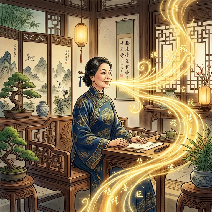 Tranh vẽ một phụ nữ mặc trang phục truyền thống xanh đậm ngồi bên bàn trà gỗ trong căn phòng có cây bonsai và đèn lồng, từ khuôn miệng đang mỉm cười tỏa ra dải lụa ánh sáng vàng mang các chữ Hán Phúc, Tường, Cát, Thiện, Vượng