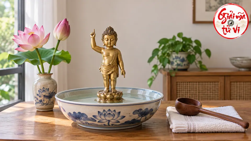 Tượng Thái tử đản sinh đứng trong chậu nhỏ trên bàn, gáo đặt trên khăn riêng cạnh bình hoa